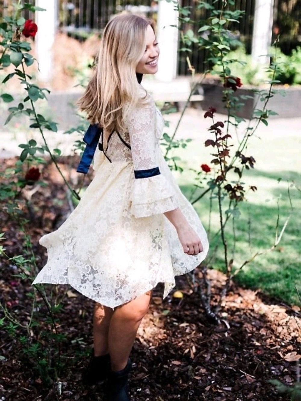 Free People Cream Lace Dress Navy Choker Tie Open Back Bell Sleeve Medium